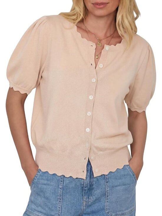 Sweaters - Women's Beige Short Sleeve Crew Neck Button Up Imported Sweaters Cardigan